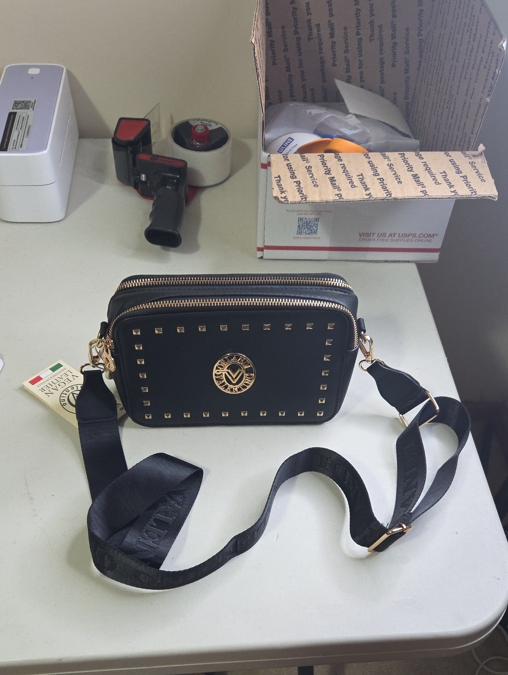 Valentino Orlandi Black Crossbody Bag with Gold Studs